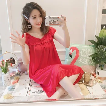 

Nightgown Women's Summer Viscose Short Sleeve Long Cute Pajamas Sexy Sweet Thin Silk Tracksuit Summer