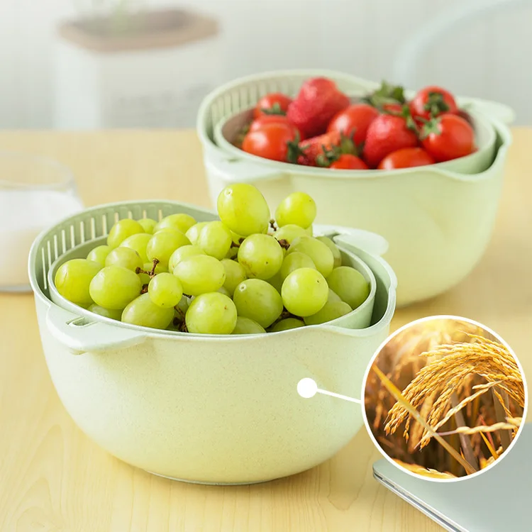 Вращающаяся двухслойная сливная корзина из пшеничной соломы кухонная моющаяся