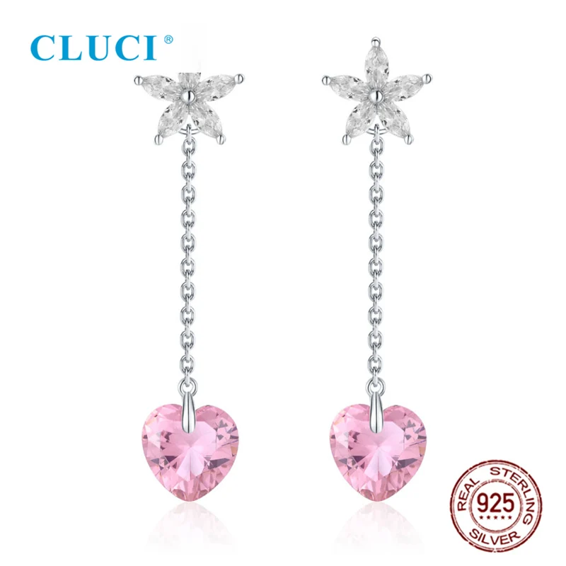 

CLUCI Silver 925 Romantic Pink Earrings Gift Jewelry for Women Valentine Heart Zircon Drop Earrings