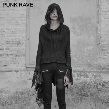 

PUNK RAVE Dark Gothic Fit Version Women Personality Clothing Irregular Version Hat Tassel Lace Decoration Ladies Sweater