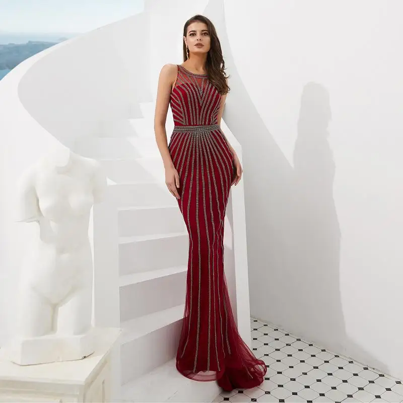 

Luxury Burgundy Mermaid Evening Dresses Long 2020 vestidos de fiesta de noche Beaded Crystal Formal Women Prom Dress Party Gowns