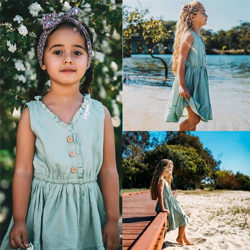От 1 до 6 лет зеленое летнее пляжное платье для девочек милое плиссированное платье без рукавов с пуговицами для девочек праздничное платье