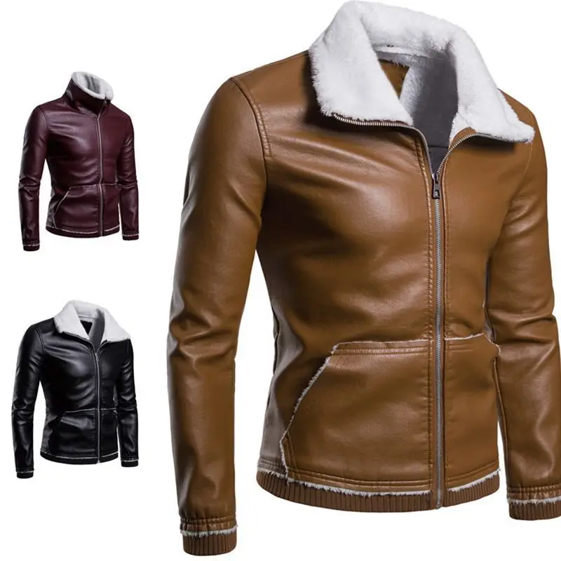 

Fold-down Collar Casual Lambs Wool Leather Coat Men's Large Size Thick Leather Jacket Winter Men's Leather J