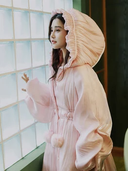 

OriginalDesign AIGYPTOS Winter Women Lolita Style Big Hat Petal Sleeve Pink Long Puffer Coat Lady Sweet Warm Hooded Down Jacket