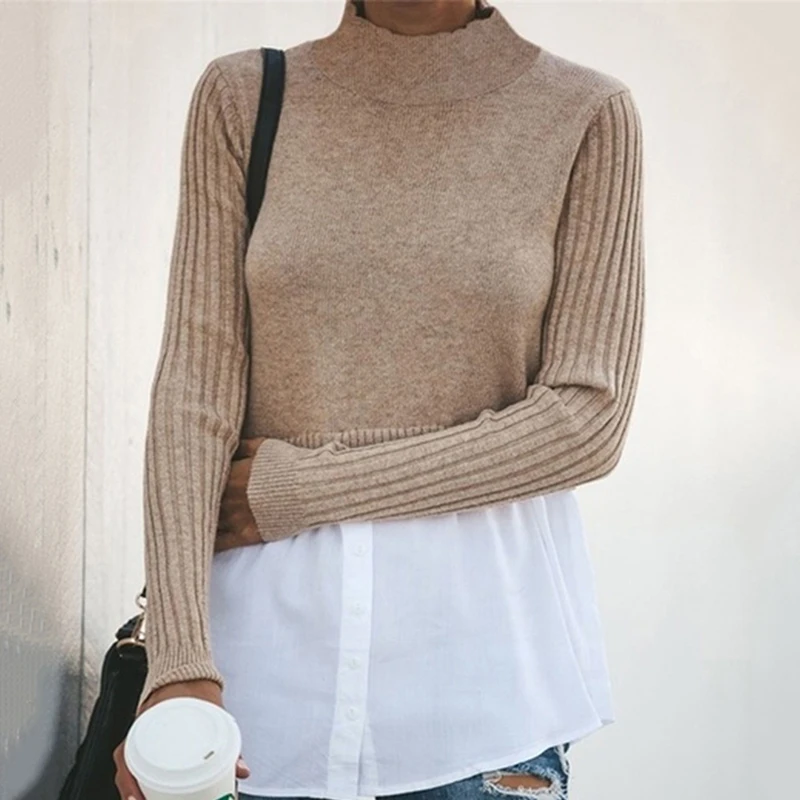 Autumn Winter Black Knit Sweater Women Patchwork Long Sleeve Button Pullover Knitted | Женская одежда