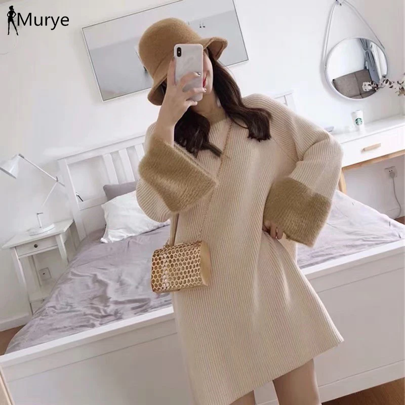 Najtaniej Zimowy sweter z dzianiny sukienka z długim rękawem kobiet sweter wełniany Oversize różowy Mini sukienka koreański moda 2019 tunika odzież damska