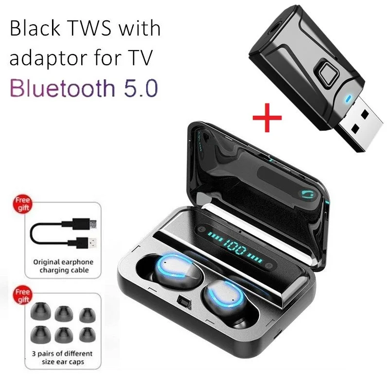 F9-5 TWS Earphone Wireless Stereo CVC 8.0 Earbud with Mic Charge Box Power Bank USB Bluetooth Adaptor for Xiaomi Samsung TV Game 