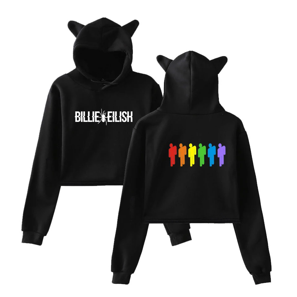 Уличная одежда Billie Eilish модный тренд с кошачьими ушками укороченный топ женские осенние толстовки сексуальные Kpop Harajuku Kawaii милые короткие толстовки - Цвет: Черный