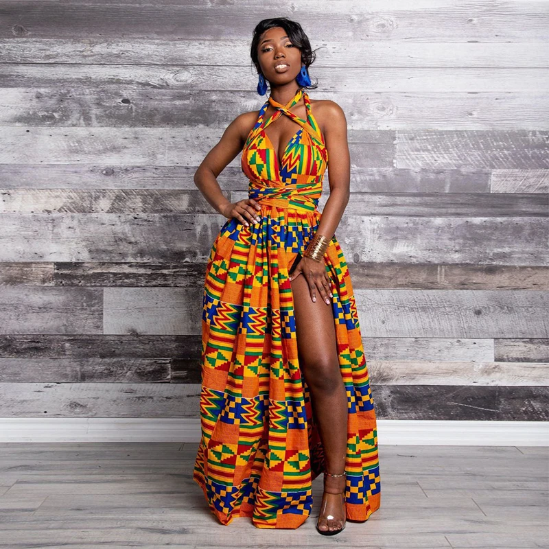 

New Fashion Halter Dashiki Split African Dress 2019 Long Robe Dashiki Party Vacation Maxi African Clothes with Sashes