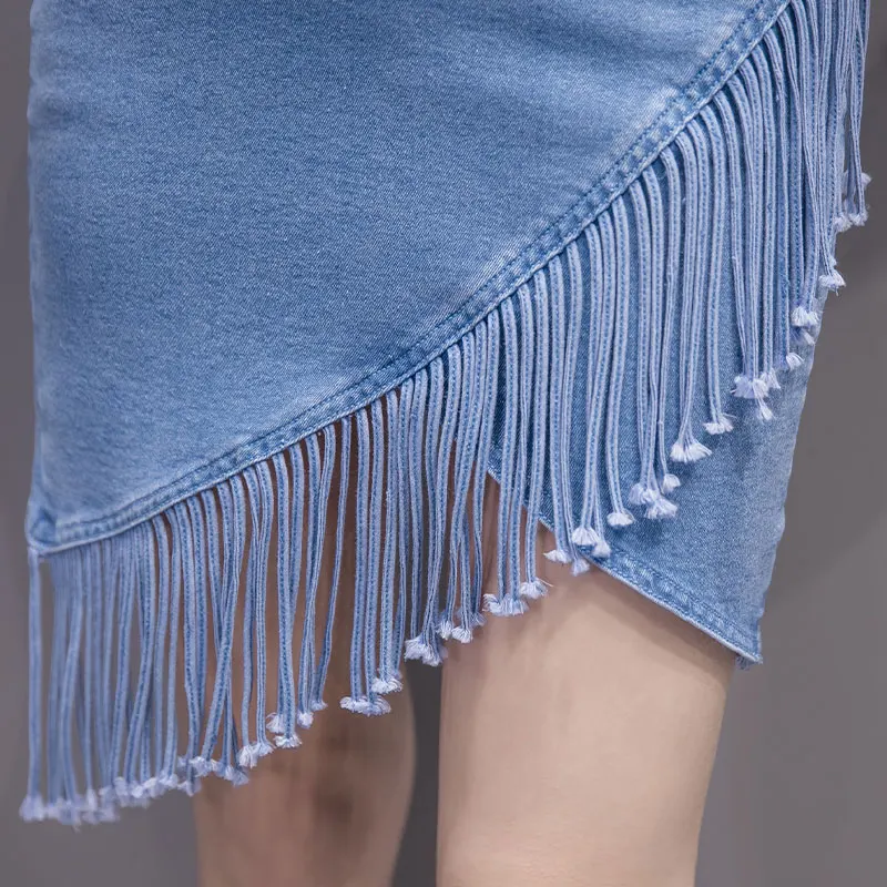 Корейская джинсовая юбка с бахромой, высокая эластичная короткая юбка на бедрах, женские брюки с неровным крестом, джинсы, тонкая новая юбка для женщин, Faldas Saia