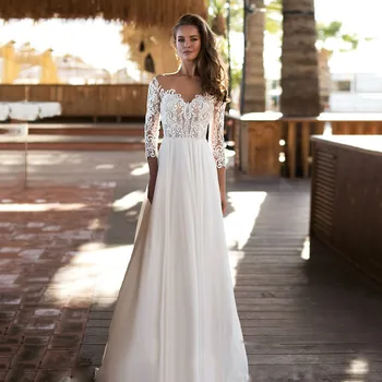 

Sexy V-hals Lange Jurk Met 3/4 Mouwen Lace Geappliceerd Chiffon Elegante Bruidsjurken Open Back Wedding Partij Jassen 2020