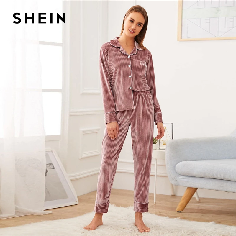 SHEIN розовый зубчатый воротник текстурированная кнопка спереди бархатный пижамный комплект женская ночная одежда осень длинный рукав карман сбоку женские пижамы