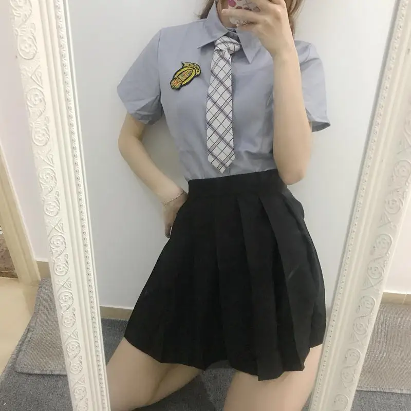 Японская школьная форма Jk в студенческом стиле, топы с длинными рукавами для девочек+ галстук+ юбка+ кардиган, серая плиссированная юбка в британском стиле - Цвет: tops skirt tie