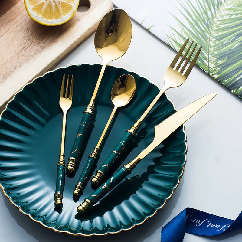 30pcs Ceramic Tableware Fork Spoon Knife Set Vintage Cutlery Set 304 Stainless Steel Dinner Dinnerware Set Free Shipping Green