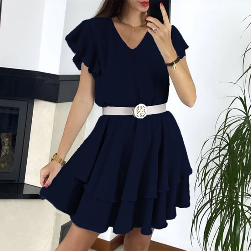 Vestido de Festa Plissado de Manga Casuais das Senhoras Plissada Elegante Feminino Sólida Vestidos 2021 Verão V-neck Plissado Mini Vestido Cor 4 High Quality Moda Feminina