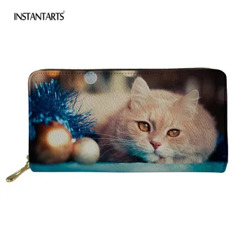 

INSTANTARTS Cat With Christmas Tree Leather Wallet For Women Brand Design 3D Print Long Purse Girls Boys Phone Pocket Wallet
