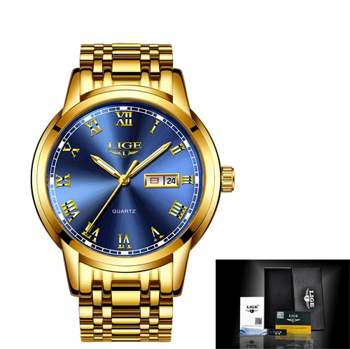 gold blue Montre Homme Часы для мужчин люксовый бренд LIGE Хронограф Мужские спортивные часы водонепроницаемые полностью Стальные кварцевые мужские часы Relogio Masculino - Цвет: gold blue