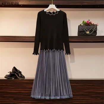 

Plus Size knitted Two Picee Set Womans Suits Autumn Spring New Slim Knit Tops + Mesh A-Line Skirt Suit Clothes 2 Piece Set Women