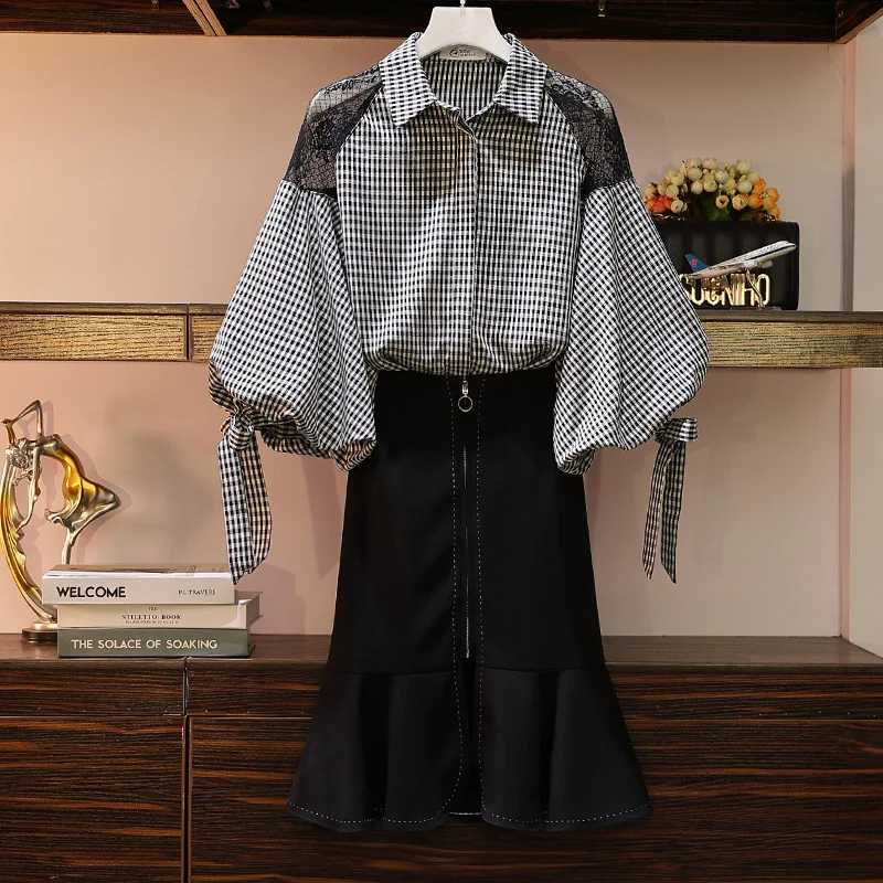 

Photo Shoot 2019 Autumn Large Size Dress New Style Large GIRL'S Fashion Puff Sleeve Shirt + Skirt Two-Piece Women's