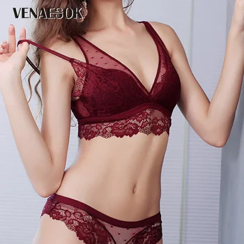 

Wire Free Lace Bra Set Transparent Embroidery Brassiere Black Sexy Underwear Sets For Women See Through Bra And Panties Set