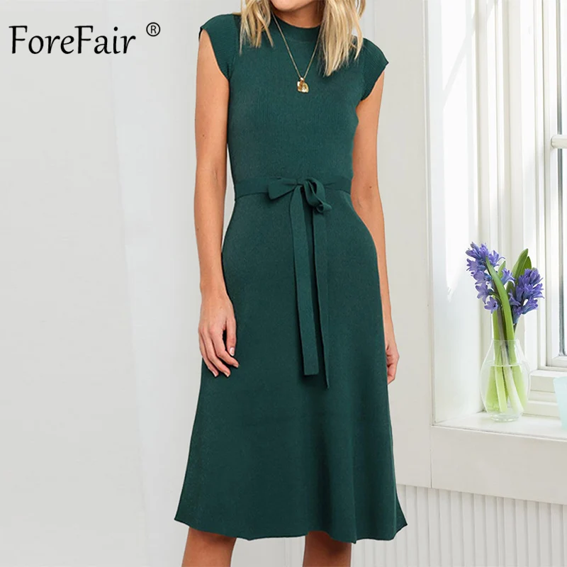 Forefair/повседневное женское платье миди с поясом и завязками на талии, осень, Элегантное трикотажное платье с коротким рукавом и высокой талией - Цвет: Green Dress