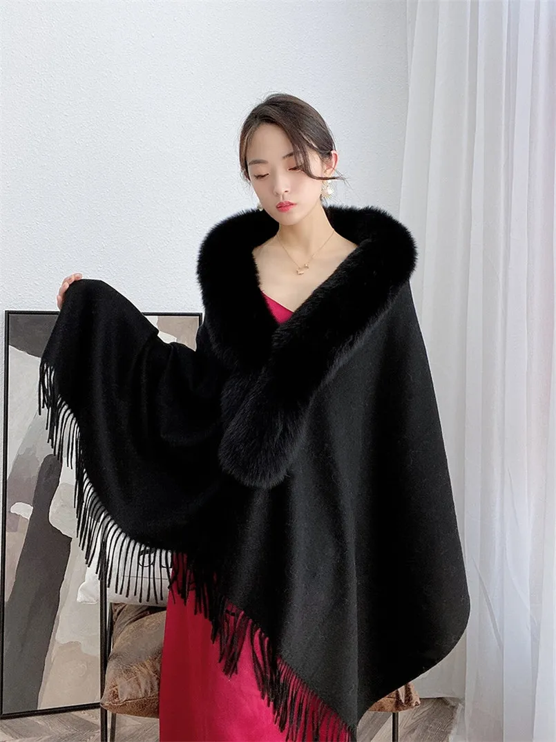 여성용 100% 모직 담요 숄, 리얼 폭스 모피 트림 칼라 판초 케이프 겨울 따뜻한 솜털 스카프