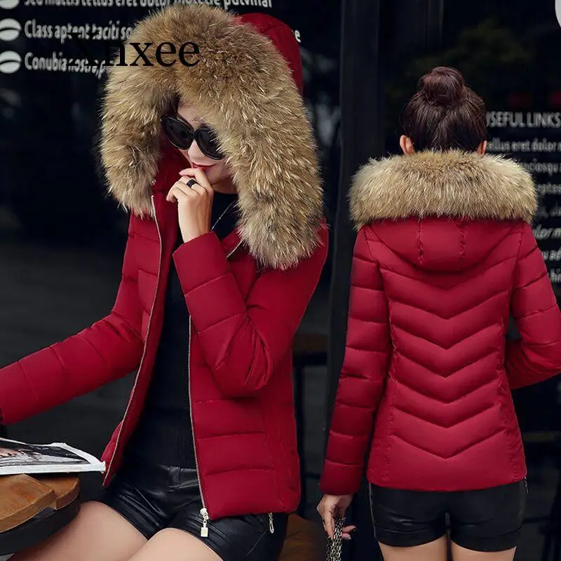 

Windproof Women Cotton Coat New Fashion Slim Fit Short Warm Jacket Hooded Cotton Big Fur Collar Coat Outwear Plus Size M-4XL