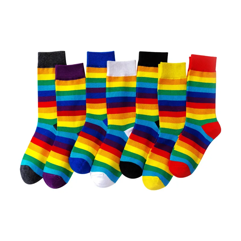 Женские радужные носки Kawaii, носки средней длины, хлопковые носки в полоску, креативные рождественские подарки, забавные носки для скейтборда, размер 35-41