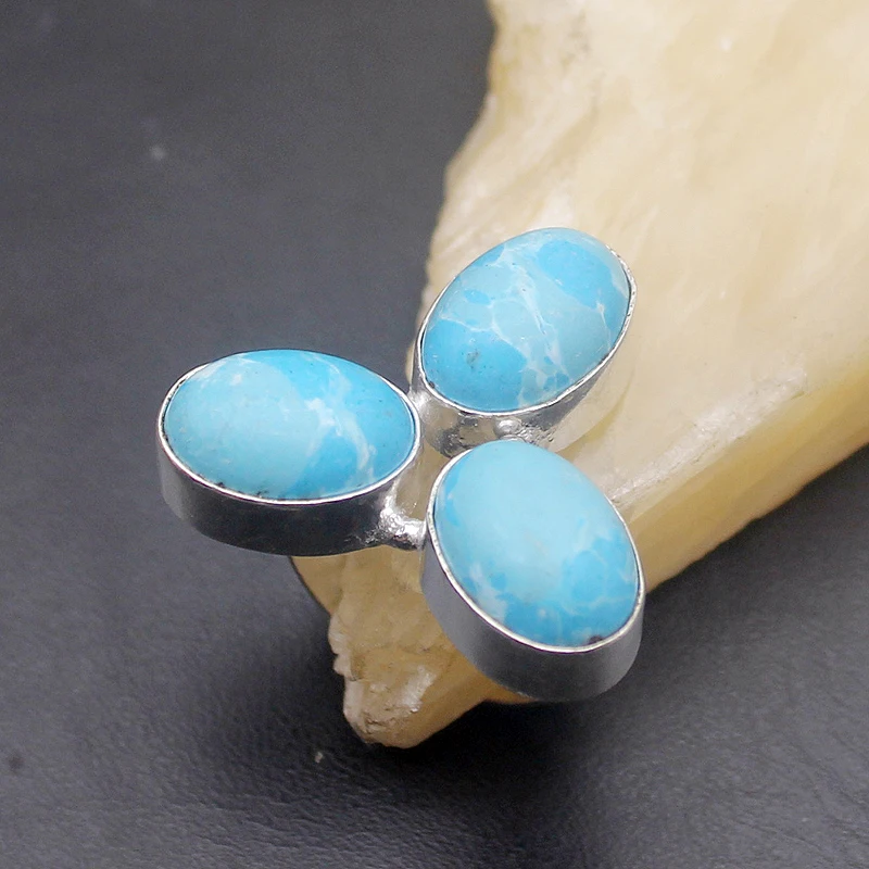 

New Coming Natural Oval Shape BlueJasper 925 Sterling Silver Lovely Charms Band Ring Size 8 H349