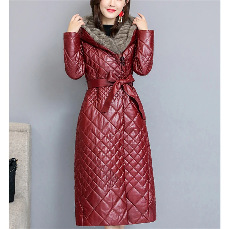 Long Section Imitation Sheepskin Coat Female Winter Fashion New Mink Fur Collar Hooded Thick Warm Leather Jacket Tide