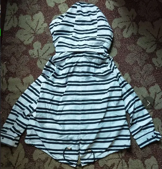 

Europe And America WOMEN'S Dress Black And White Stripes Hooded Deconstructable Jacket Zip-up Shirt Pure Cotton Drawstring Trenc