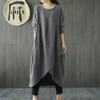 

Ladies Plus Size Dress Fashion Loose Irregular Long Casual Solid Color Cotton Linen Women Round Neck Dresses for Spring Autumn