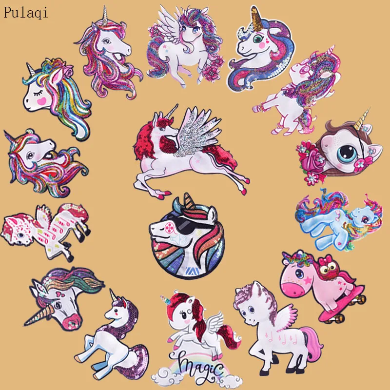 Pulaqi Eisen Auf Cartoon Einhorn Patches Für Kleidung Nähen Auf Pailletten Bestickt patch Nette Aufkleber Auf Tuch Applique Stoff Patch – Detail 1