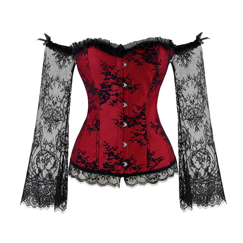 

Steampunk Corsets Women off-shoulder Lace Up boned Overbust Bustier Waist Cincher Body shaper corselet long lace sleeves Corset