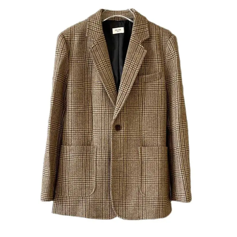 CE plaid with leather Australian wool suit fashion autumn winter lapel is thin woolen jacket |