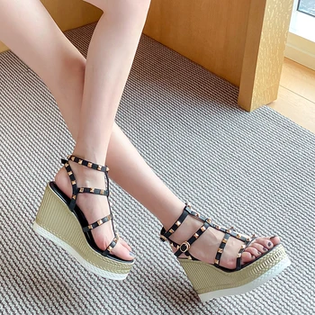 

INS HOT Women Leather sandals summer pumps 22-25cm super high heel 9cm totem wedges gladiator metal rivet Sexy sandals women