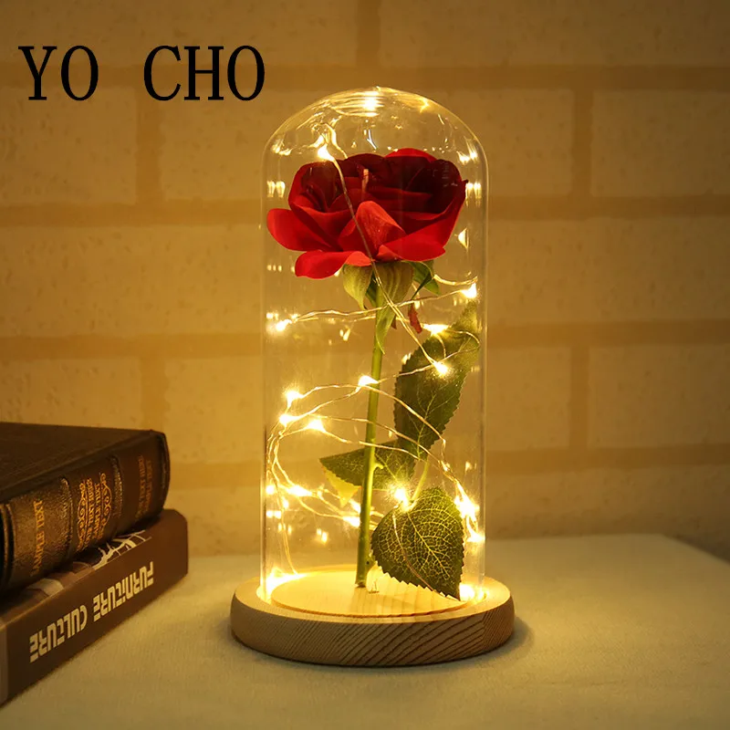 YO CHO beauty And The Beast Шелковая Красная роза в стеклянном куполе на деревянной основе для подарков Святого Валентина светодиодный лампы с розами Рождественский Декор