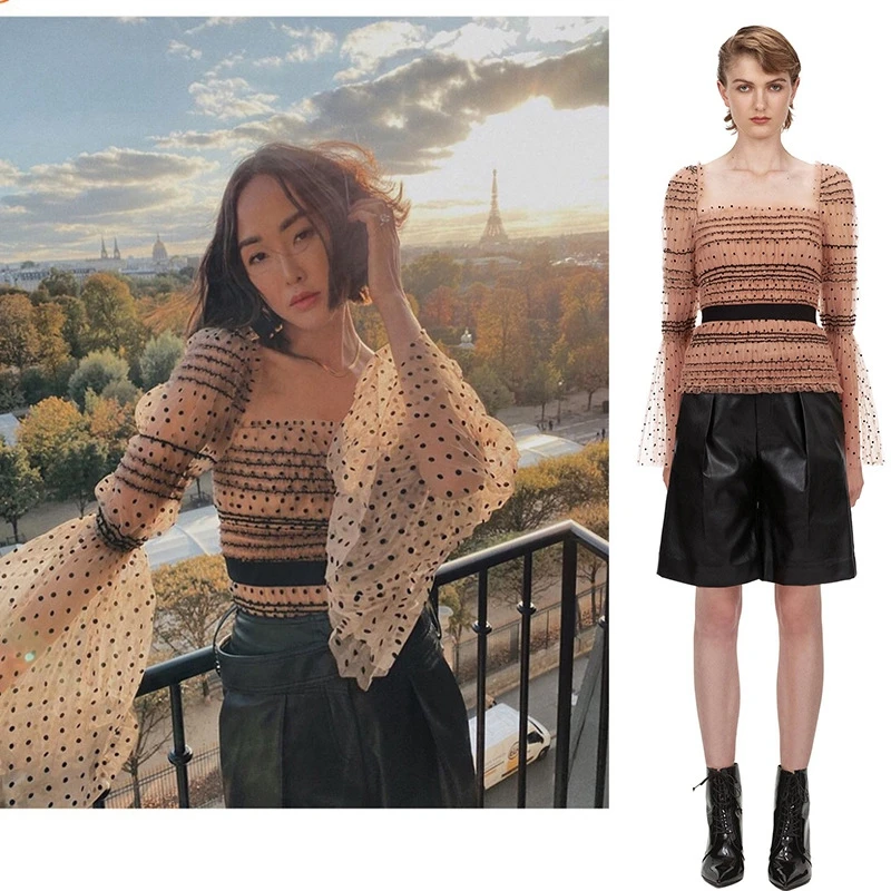 2020 Весенняя женская мода топ с роговыми рукавами кружевная рубашка в горошек