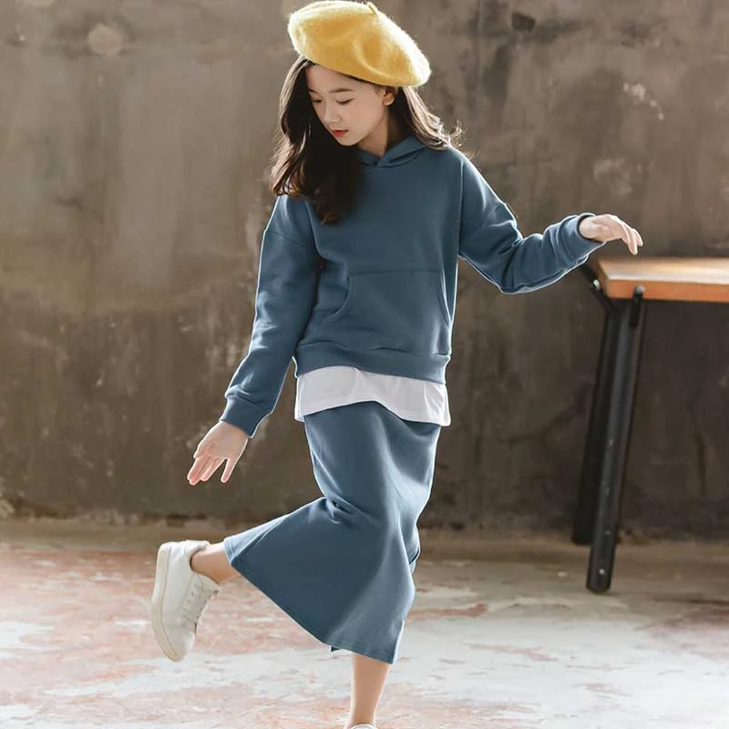 

Velvet Warm Christmas Teenager Clothes Girls Skirts Set Autumn Kids Winter Clothes Hooded Coats Tops And Long Skirt 2 Pieces Set