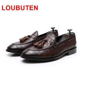 

LOUBUTEN New Fashion Brown Slip On Tassel Shoes Men Leather Loafers Handmade Mens Shoes Casual Flats Men's Dress Shoes