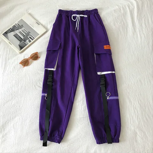 purple Neploe уличная одежда с лентами повседневные брюки с большими карманами женские брюки на шнуровке Стрейчевые брюки с высокой талией длиной до щиколотки 56017 - Цвет: purple