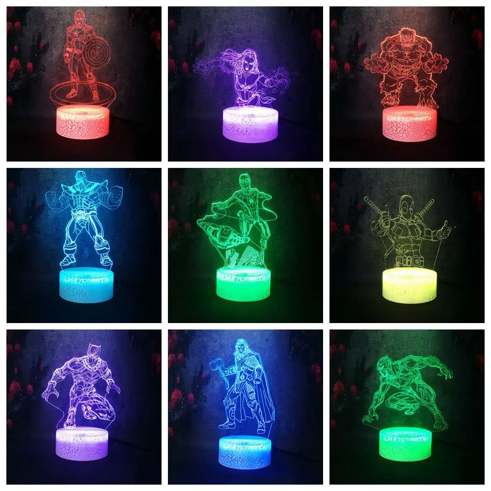 Креативный ночник Мстители Justice Guardian Hero 3D LED лампа 7 цветов меняющая настроение RGB