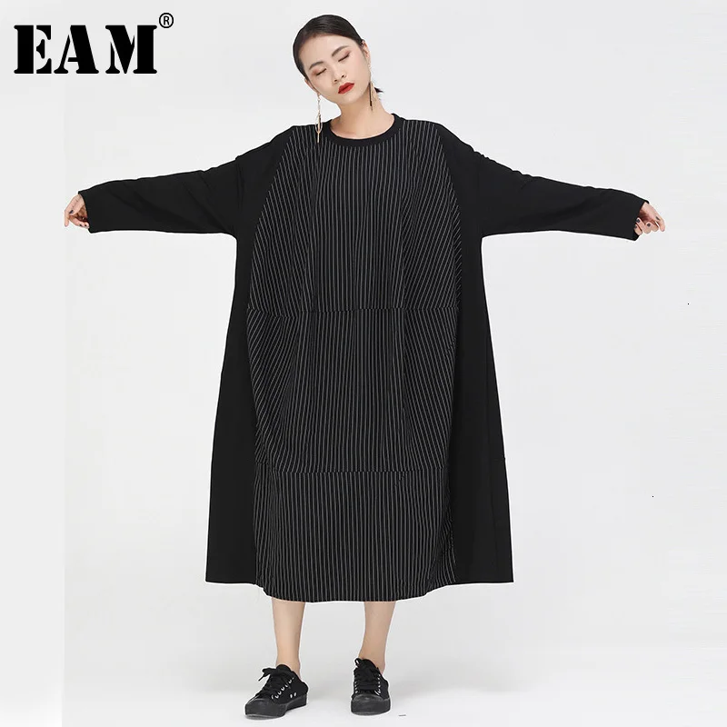 

[EAM] Women Striped Split Joint Big Size Dress New Round Neck Long Sleeve Loose Fit Fashion Tide Spring Autumn 2020 1H240