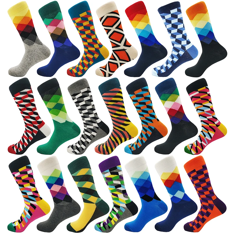 1 пара, повседневные мужские хлопковые цветные носки с геометрическим рисунком, Harajuku, градиентный цвет, деловая одежда, носки, алмазная клетка, длинные носки, calcetines