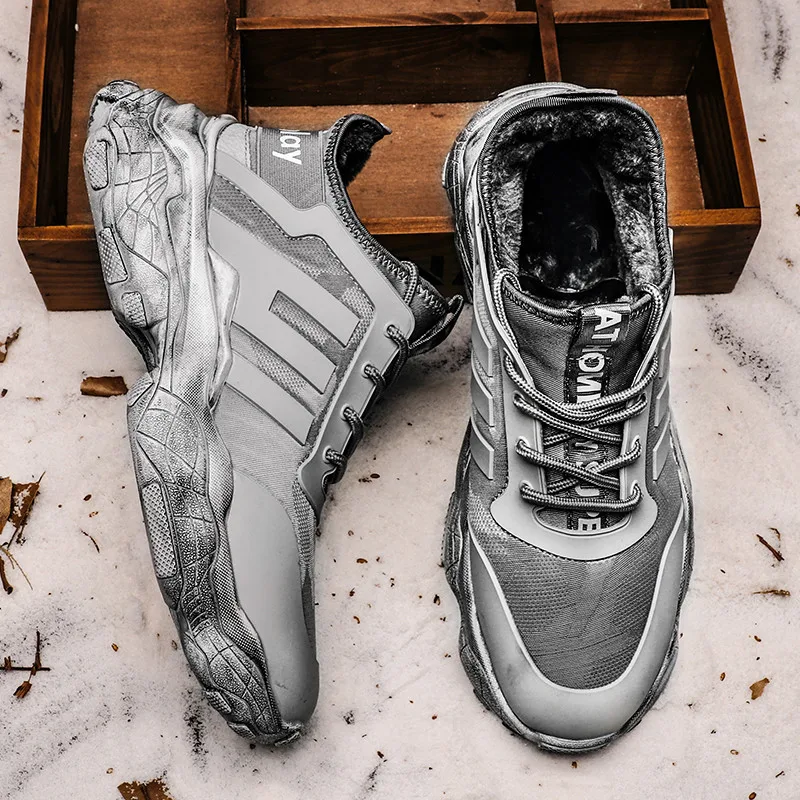 

Winter Warm Man Running Shoes Gray Vintage Sport Shoes For Men Thick Bottom Mens Gym Sneakers With Fur Young Walking Sneakers