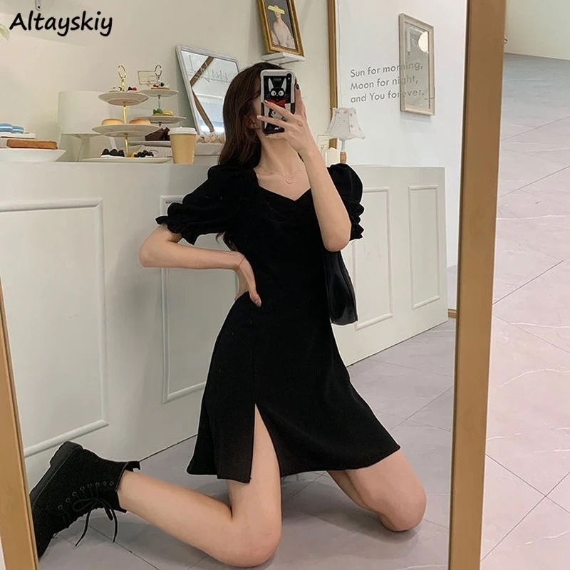 Plus Size Dress Women Solid Slim Trendy Spring Simple Korean Style Elegant Casual Soft Side-slit Ladies Fashion All-match Party t shirt dress