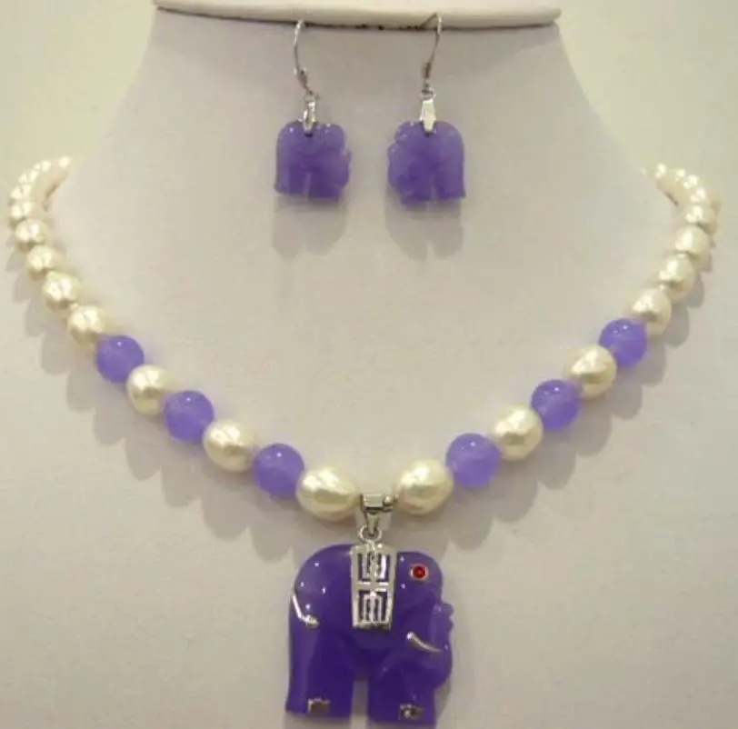 

White pearl purple Natural jade elephant pendant necklace earring set