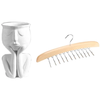 

1Pcs Wooden Necktie Tie Hanger Rack Organizer Holder & 1Pcs Character Portrait Flower Pot Resin Succulents Plant Pot