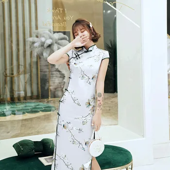 

Sexy High Split Qipao Chinese Women Dress Elegant Mandarin Collar Satin Long Cheongsam Print Flower Evening Party Gown Veatidso