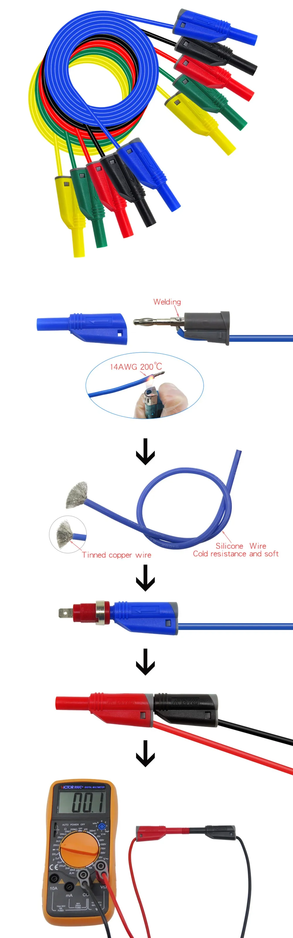 Cleqee P1024 P1036 P1037 P1050-1 высокого качества 4 мм штекер типа "банан" безопасный штабелированный тестовый провод 14AWG мягкий силиконовый проводной 100 см